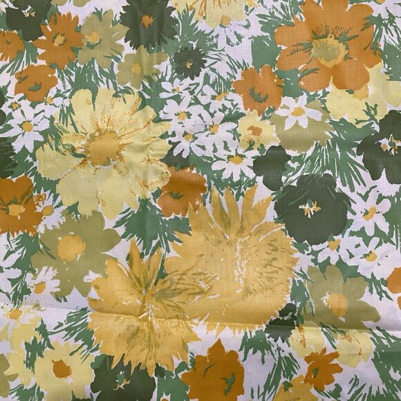 Vintage Fabric Remnant Yellow Orange White Green 1970's Floral Polished Cotton - Picture 3 of 4